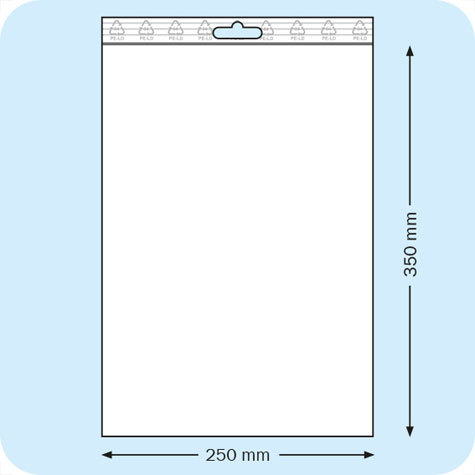 legatoria Sacchetti richiudibili (minigrip), appendibili, 250x350mm TRASPARENTE, in polietilene pesante da 90 micron, aperti sul lato corto, con zip di chiusura. Con perforazione standard europea per essere appesi nei porta blister.