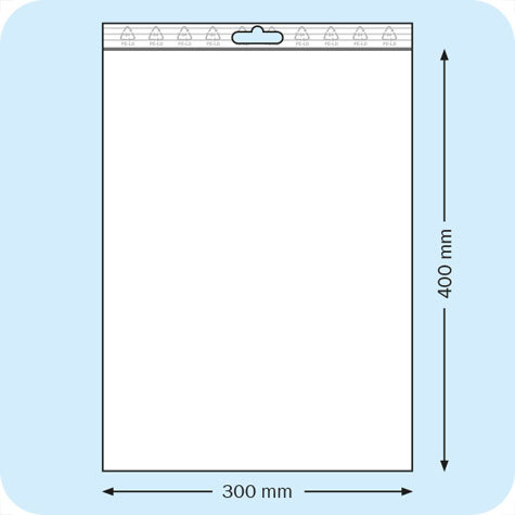 legatoria Sacchetti richiudibili (minigrip), appendibili, 300x400mm TRASPARENTE, in polietilene pesante da 90 micron, aperti sul lato corto, con zip di chiusura. Con perforazione standard europea per essere appesi nei porta blister.