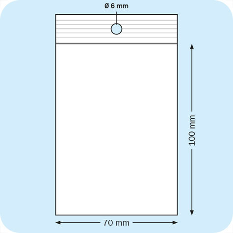 legatoria Sacchetti richiudibili (minigrip), con foro, 70x100mm TRASPARENTE, in polietilene da 50 micron, aperti sul lato corto, con zip di chiusura. Con perforazione circolare.