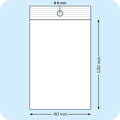 legatoria Sacchetti richiudibili (minigrip), con foro, 80x120mm TRASPARENTE, in polietilene da 50 micron, aperti sul lato corto, con zip di chiusura. Con perforazione circolare.
