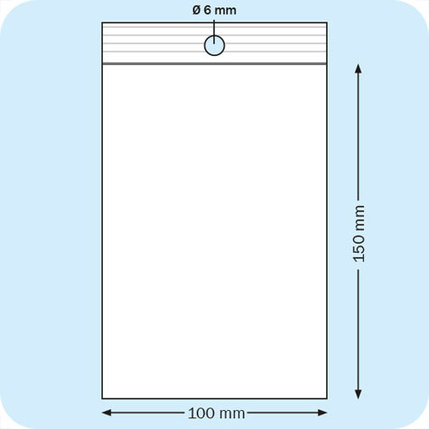 legatoria Sacchetti richiudibili (minigrip), con foro, 100x150mm TRASPARENTE, in polietilene da 50 micron, aperti sul lato corto, con zip di chiusura. Con perforazione circolare.