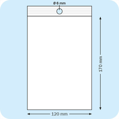 legatoria Sacchetti richiudibili (minigrip), con foro, 120x170mm TRASPARENTE, in polietilene da 50 micron, aperti sul lato corto, con zip di chiusura. Con perforazione circolare.