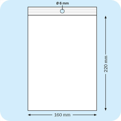 legatoria Sacchetti richiudibili (minigrip), con foro, 160x220mm TRASPARENTE, in polietilene da 50 micron, aperti sul lato corto, con zip di chiusura. Con perforazione circolare.