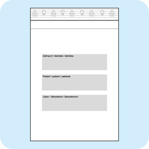 legatoria Sacchetto per odontoiatri, 180x250mm TRASPARENTE, in polietilene da 50 micron, aperti sul lato corto, con zip di chiusura. Con 3 fasce bianche adatte alla scrittura manuale per etichettatura (contrassegnate: Dentist, Patient e Laboratory). Con tasca frontale aggiuntiva da 180x240mm.