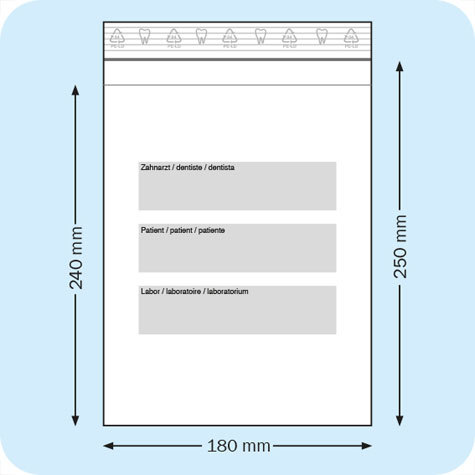 legatoria Sacchetto per odontoiatri, 180x250mm TRASPARENTE, in polietilene da 50 micron, aperti sul lato corto, con zip di chiusura. Con 3 fasce bianche adatte alla scrittura manuale per etichettatura (contrassegnate: Dentist, Patient e Laboratory). Con tasca frontale aggiuntiva da 180x240mm.