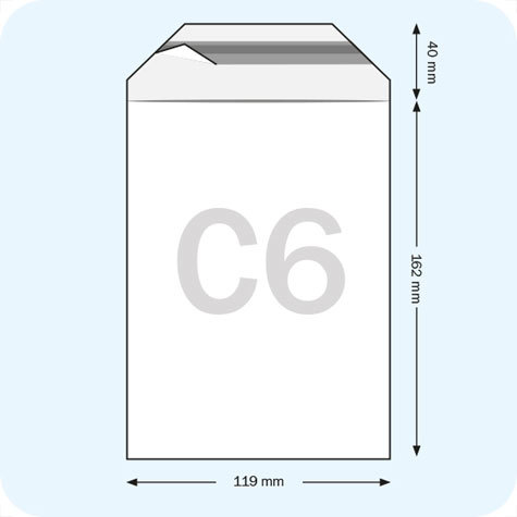 legatoria Sacchetto con chiusura autoadesiva, 119x162mm TRASPARENTE, in polietilene da 50 micron, con patella da 30mm e banda autoadesiva di chiusura sul lato corto, adatta anche per mailing.