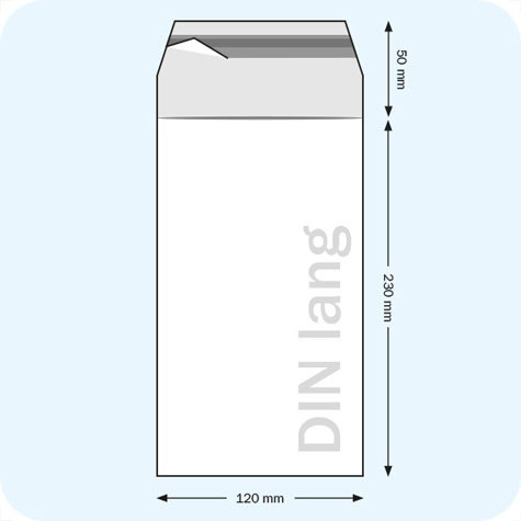 legatoria Sacchetto con chiusura autoadesiva, 120x230mm TRASPARENTE, in polietilene da 60 micron, con patella da 40mm e banda autoadesiva di chiusura sul lato corto, adatta anche per mailing.