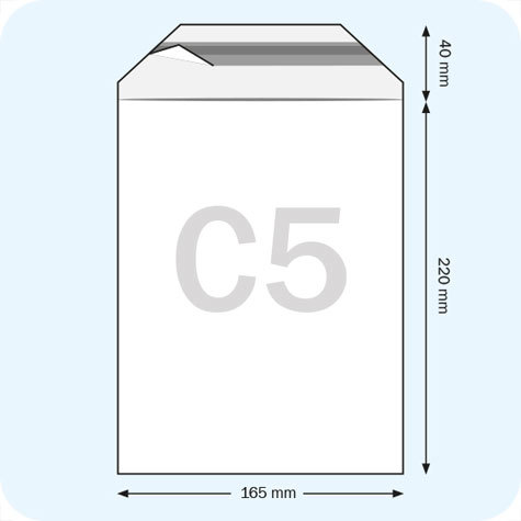 legatoria Sacchetto con chiusura autoadesiva, 165x220mm TRASPARENTE, in polietilene da 50 micron, con patella da 40mm e banda autoadesiva di chiusura sul lato corto, adatta anche per mailing.