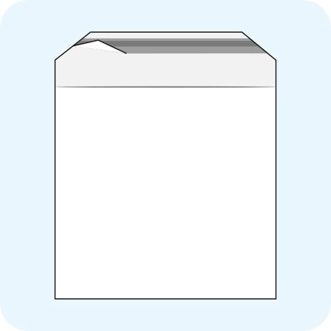 legatoria Sacchetto con chiusura autoadesiva, 220x215mm TRASPARENTE, in polietilene da 50 micron, con patella da 40mm e banda autoadesiva di chiusura sul lato corto, adatta anche per mailing.