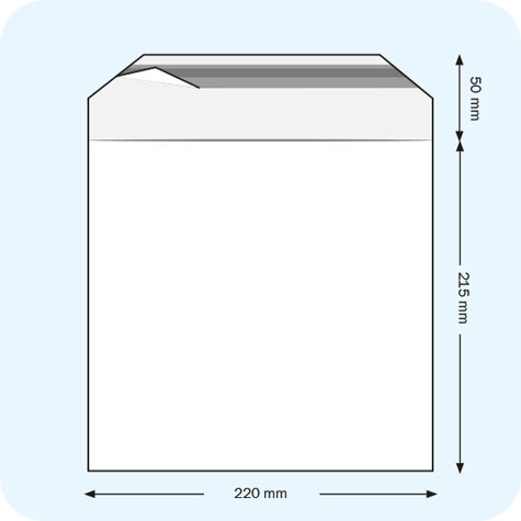 legatoria Sacchetto con chiusura autoadesiva, 220x215mm TRASPARENTE, in polietilene da 50 micron, con patella da 40mm e banda autoadesiva di chiusura sul lato corto, adatta anche per mailing.