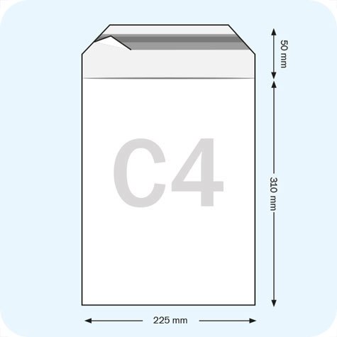 legatoria Sacchetto con chiusura autoadesiva, 225x310mm TRASPARENTE, in polietilene da 50 micron, con patella da 50mm e banda autoadesiva di chiusura sul lato corto, adatta anche per mailing.