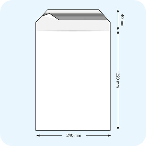legatoria Sacchetto con chiusura autoadesiva, 240x320mm TRASPARENTE, in polietilene da 50 micron, con patella da 50mm e banda autoadesiva di chiusura sul lato corto, adatta anche per mailing.
