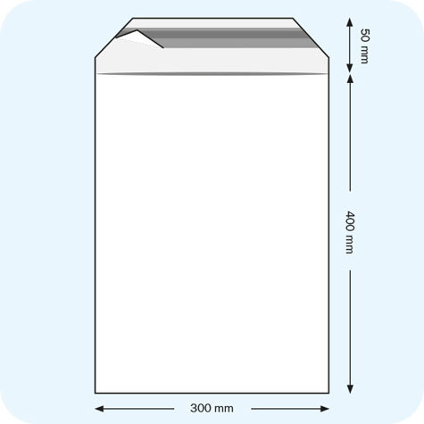 legatoria Sacchetto con chiusura autoadesiva, 300x400mm TRASPARENTE, in polietilene da 50 micron, con patella da 50mm e banda autoadesiva di chiusura sul lato corto, adatta anche per mailing.
