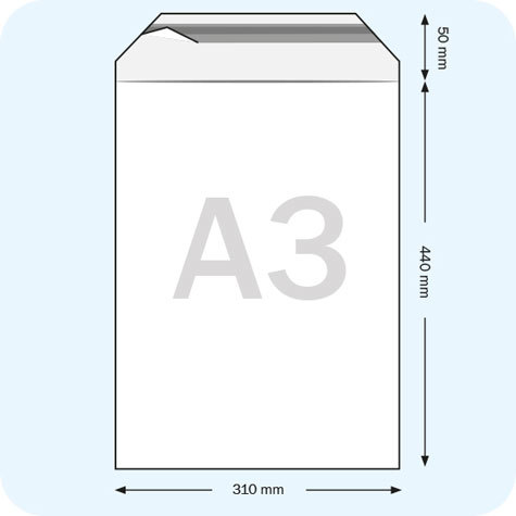 legatoria Sacchetto con chiusura autoadesiva, 310x440mm TRASPARENTE, in polietilene da 70 micron, con patella da 50mm e banda autoadesiva di chiusura sul lato corto, adatta anche per mailing.