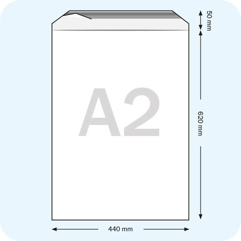 legatoria Sacchetto con chiusura autoadesiva, 440x620mm TRASPARENTE, in polietilene da 70 micron, con patella da 50mm e banda autoadesiva di chiusura sul lato corto, adatta anche per mailing.