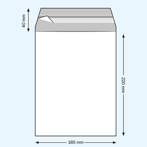 legatoria Sacchetto con chiusura autoadesiva, 165x220mm TRASPARENTE, in polipropilene da 50 micron, con patella da 40mm e banda autoadesiva di chiusura sul lato corto, adatta anche per mailing.