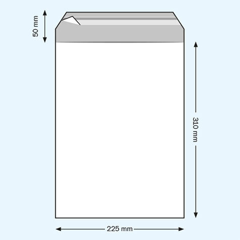 legatoria Sacchetto con chiusura autoadesiva, 225x310mm TRASPARENTE, in polipropilene da 50 micron, con patella da 50mm e banda autoadesiva di chiusura sul lato corto, adatta anche per mailing.