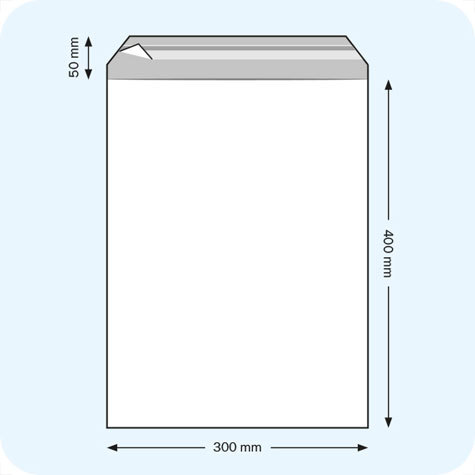 legatoria Sacchetto con chiusura autoadesiva, 300x400mm TRASPARENTE, in polipropilene da 50 micron, con patella da 50mm e banda autoadesiva di chiusura sul lato corto, adatta anche per mailing, con foro da 3mm per consentire all�aria di uscire.