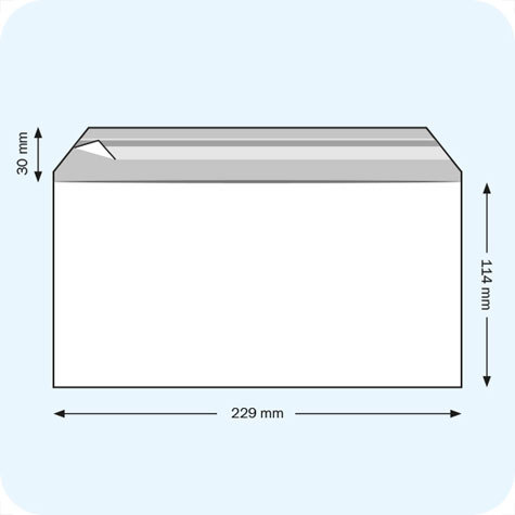 legatoria Sacchetto con chiusura autoadesiva, 229x114mm TRASPARENTE, in polipropilene da 100 micron, con patella da 30mm e banda autoadesiva di chiusura sul lato lungo, adatta anche per mailing.