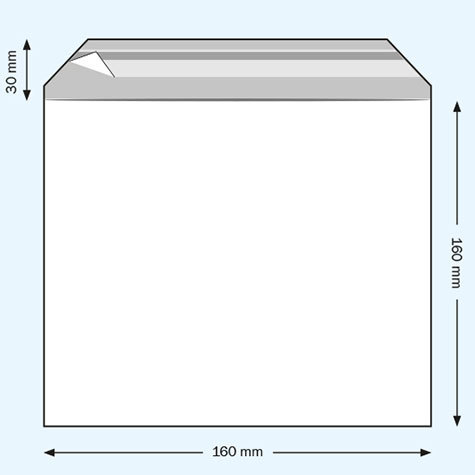 legatoria Sacchetto con chiusura autoadesiva, 160x160mm TRASPARENTE, in polipropilene da 100 micron, con patella da 30mm e banda autoadesiva di chiusura sul lato lungo, adatta anche per mailing.