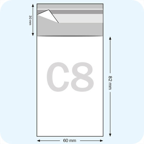 legatoria Sacchetto polipropilene orientato (OPP) 60x82mm TRASPARENTE, in polipropilene (OPP) da 30 micron, con patella da 30mm e banda autoadesiva di chiusura sul lato corto.