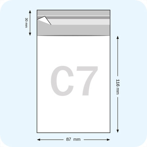 legatoria Sacchetto polipropilene orientato (OPP) 87x116mm TRASPARENTE, in polipropilene (OPP) da 30 micron, con patella da 30mm e banda autoadesiva di chiusura sul lato corto, adatta anche per mailing.