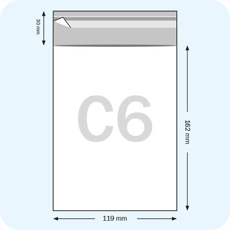 legatoria Sacchetto polipropilene orientato (OPP) 119x162mm TRASPARENTE, in polipropilene (OPP) da 30 micron, con patella da 30mm e banda autoadesiva di chiusura sul lato corto, adatta anche per mailing.