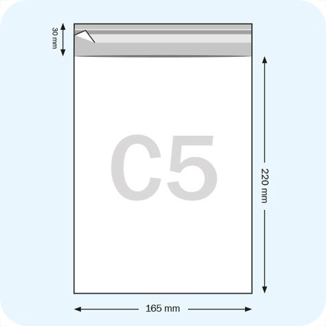legatoria Sacchetto polipropilene orientato (OPP) 165x220mm TRASPARENTE, in polipropilene (OPP) da 30 micron, con patella da 30mm e banda autoadesiva di chiusura sul lato corto, adatta anche per mailing.