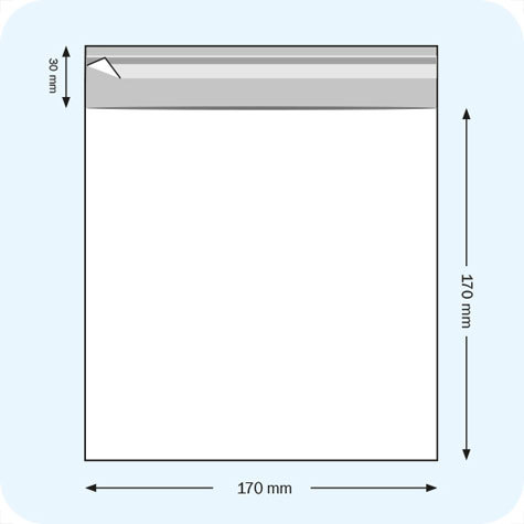 legatoria Sacchetto polipropilene orientato (OPP) 170x170mm TRASPARENTE, in polipropilene (OPP) da 30 micron, con patella da 30mm e banda autoadesiva di chiusura sul lato corto, adatta anche per mailing.