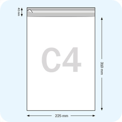 legatoria Sacchetto polipropilene orientato (OPP) 225x310mm TRASPARENTE, in polipropilene (OPP) da 30 micron, con patella da 30mm e banda autoadesiva di chiusura sul lato corto, adatta anche per mailing.