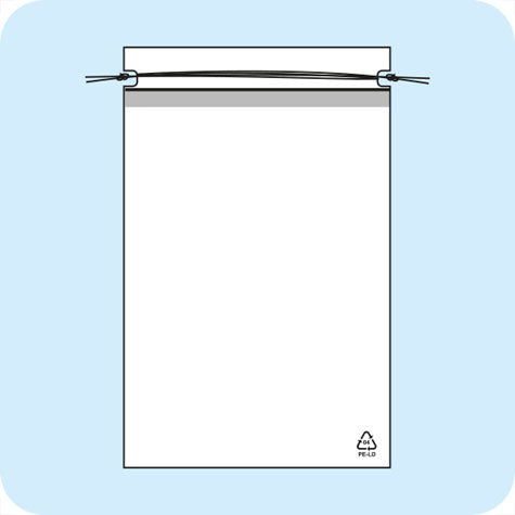 legatoria Sacchetto chiusura a laccio. 150x210mm TRASPARENTE, in polietilene da 50 micron, aperto sul lato corto.