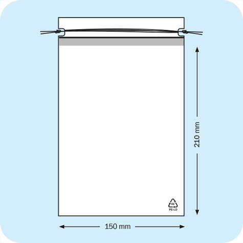 legatoria Sacchetto chiusura a laccio. 150x210mm TRASPARENTE, in polietilene da 50 micron, aperto sul lato corto.