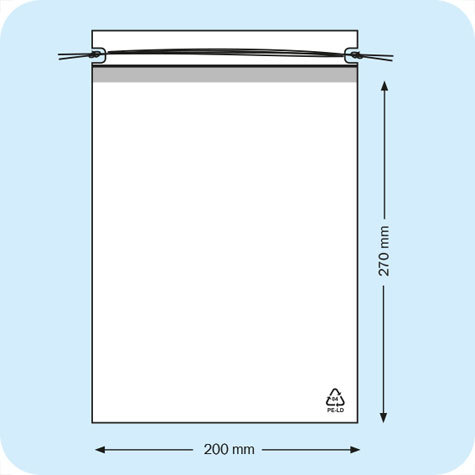 legatoria Sacchetto chiusura a laccio. 200x270mm TRASPARENTE, in polietilene da 50 micron, aperto sul lato corto.