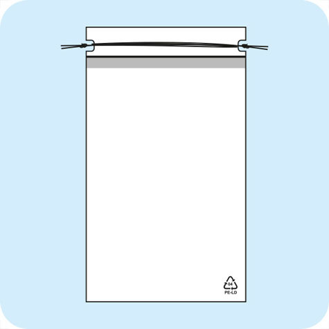 legatoria Sacchetto chiusura a laccio. 250x370mm TRASPARENTE, in polietilene da 50 micron, aperto sul lato corto.