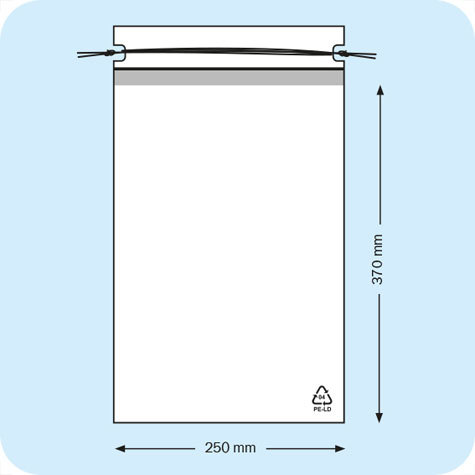 legatoria Sacchetto chiusura a laccio. 250x370mm TRASPARENTE, in polietilene da 50 micron, aperto sul lato corto.