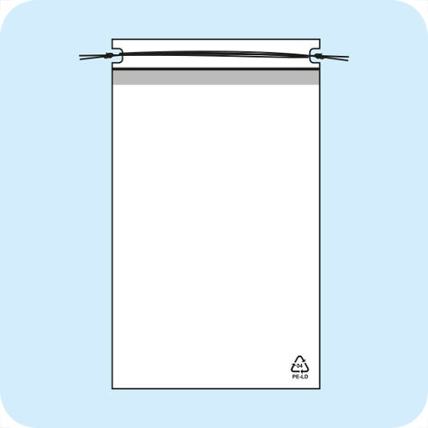 legatoria Sacchetto chiusura a laccio. 300x440mm TRASPARENTE, in polietilene da 50 micron, aperto sul lato corto.