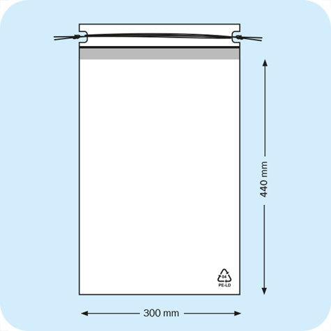 legatoria Sacchetto chiusura a laccio. 300x440mm TRASPARENTE, in polietilene da 50 micron, aperto sul lato corto.