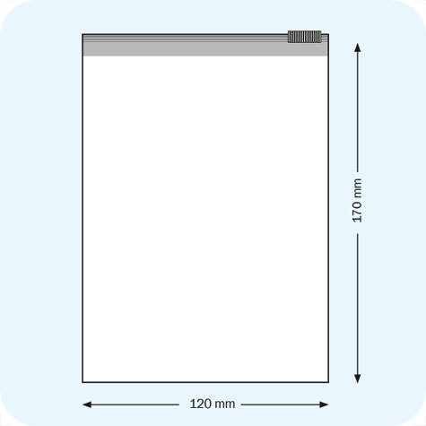 legatoria Busta con cursore. 120x170mm TRASPARENTE, in polietilene da 60 micron, aperti sul lato corto, con cursore per chiusura. .