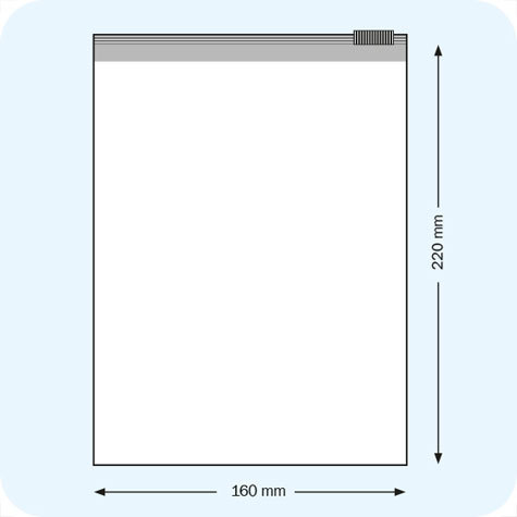 legatoria Busta con cursore. 160x220mm TRASPARENTE, in polietilene da 60 micron, aperti sul lato corto, con cursore per chiusura. .