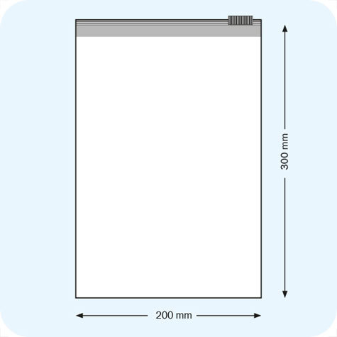 legatoria Busta con cursore. 200x300mm TRASPARENTE, in polietilene da 60 micron, aperti sul lato corto, con cursore per chiusura. .