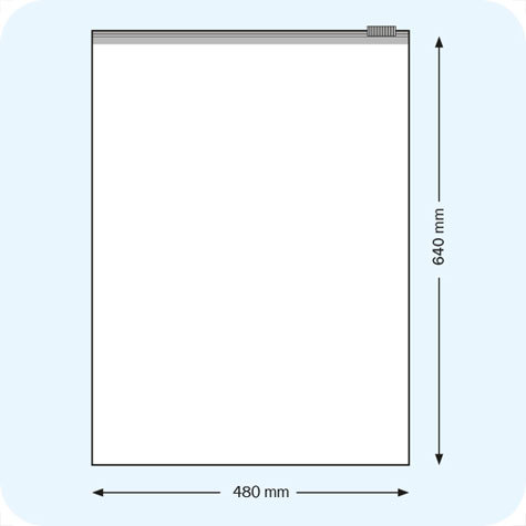legatoria Busta con cursore. 480x640mm TRASPARENTE, in polietilene da 90 micron, aperti sul lato corto, con cursore per chiusura. .