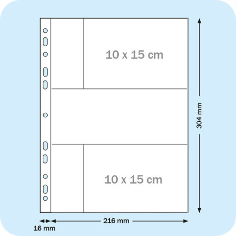 legatoria Buste portafoto 10x15cm TRASPARENTE, formato A4, a perforazione universale, per archiviare 4 foto (2 davanti e 2 dietro) in orizzontale.