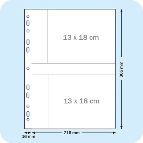 legatoria Buste portafoto 13x18cm TRASPARENTE, formato A4, a perforazione universale, per archiviare 4 foto (2 davanti e 2 dietro) in orizzontale.