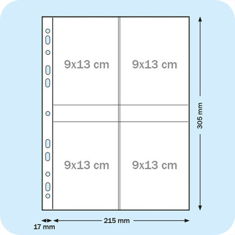 legatoria Buste portafoto 9X13cm TRASPARENTE, formato A4, a perforazione universale, per archiviare 8 foto (4 davanti e 4 dietro) in verticale.