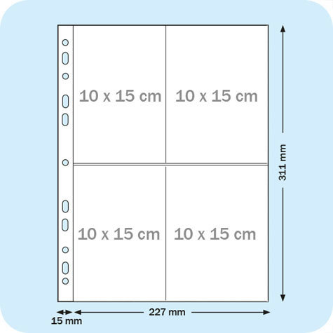 legatoria Buste portafoto 10X15cm TRASPARENTE, formato A4, a perforazione universale, per archiviare 8 foto (4 davanti e 4 dietro) in verticale.