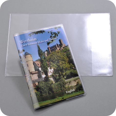legatoria Copertina per libri A5 (220x157.5mm) TRASPARENTE, copertina con i 2 lati ripiegati a sacco per rivestire libri o documenti, in PVC flessibile da 180 micron, misura aperta: 217x314mm, misura chiusa: 217x157mm.