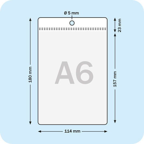 legatoria Busta a U. foro 105x148mm(A6) TRASPARENTE, con lato sporgente e con foro da 5mm per lappensione, in PVC morbido da 180 micron, aperta sul lato corto. Contiene fogli formato A6 (10,5x14,85cm). Formato esterno (115x157mm). Senza patella di chiusura.