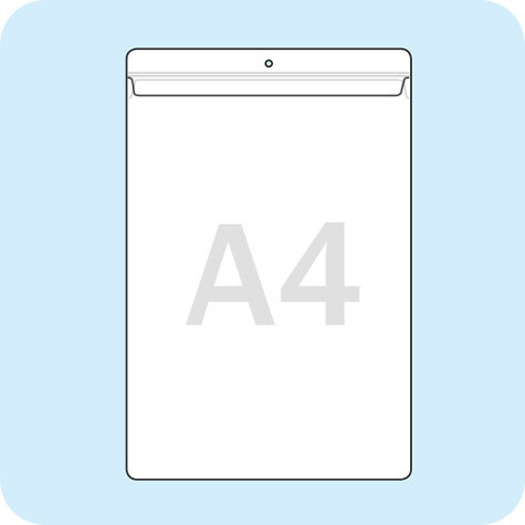 legatoria Busta a U. foro 210x297mm(A4) TRASPARENTE, con lato sporgente e con foro da 5mm per lappensione, in PVC morbido da 160 micron, aperta sul lato corto. Contiene fogli formato A4 (21x30cm). Formato esterno 220x330mm. Con patella di chiusura.