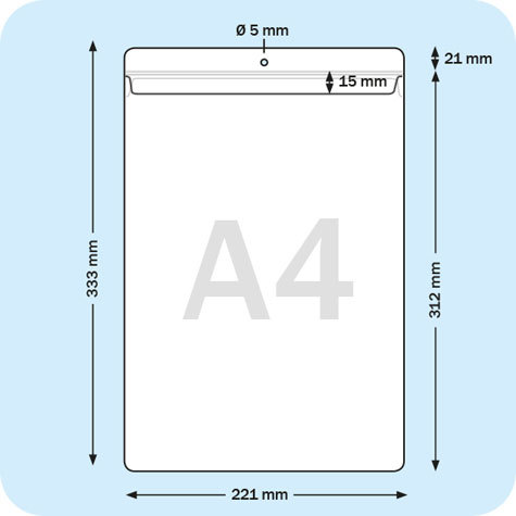 legatoria Busta a U. foro 210x297mm(A4) TRASPARENTE, con lato sporgente e con foro da 5mm per lappensione, in PVC morbido da 160 micron, aperta sul lato corto. Contiene fogli formato A4 (21x30cm). Formato esterno 220x330mm. Con patella di chiusura.