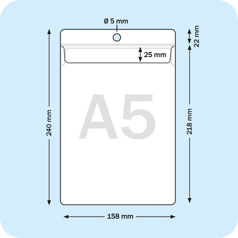 legatoria Busta APPENDIBILE 148x210mm(A5). PATTELLA TRASPARENTE, con lato sporgente e con foro da 5mm per lappensione, in PVC morbido da 160 micron, aperta sul lato corto. Contiene fogli formato A5 (15x21cm). Formato esterno 157x228mm. Con patella di chiusura.